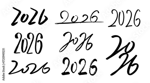 Different handwritten or calligraphic styles of the year "2026" in black ink on a white background.
