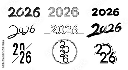 Nine different typographic designs of the year "2026" in black on a white background, each with a unique style.