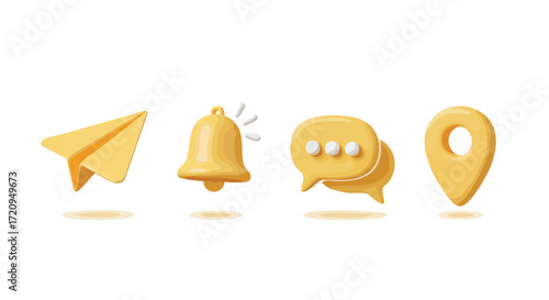 A set of four yellow 3D icons for digital communication and navigation, including a paper plane, bell, chat bubble, and map pin.