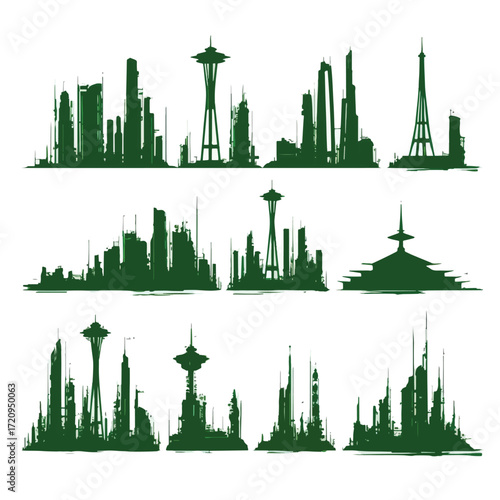 Emerald city silhouette set black and white illustrations