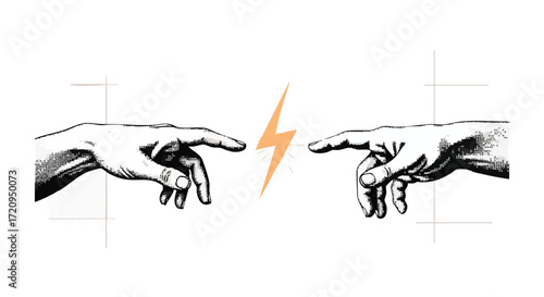 Two hands reaching out to touch, symbolizing connection and the spark of creation or energy between them.
