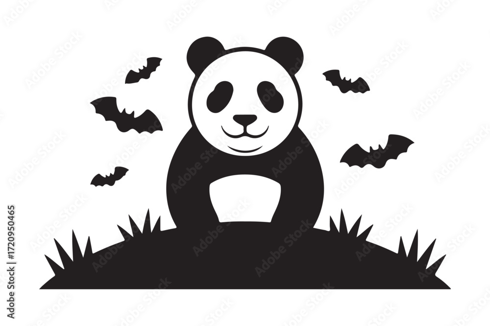 Fototapeta premium Whimsical panda silhouette with flying bats and grassy hilltop for halloween silhouette
