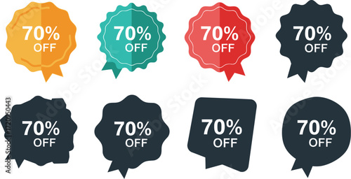 Set of diverse 70% off discount badges with vibrant colors and modern shapes
