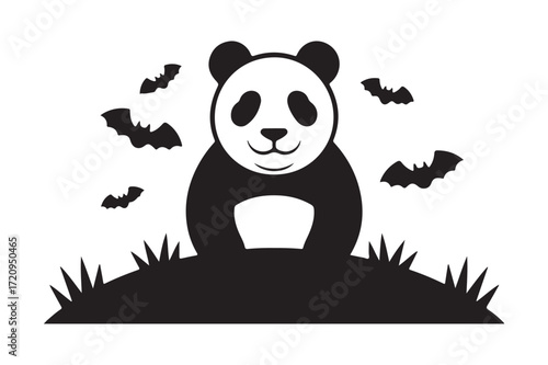 Whimsical panda silhouette with flying bats and grassy hilltop for halloween silhouette