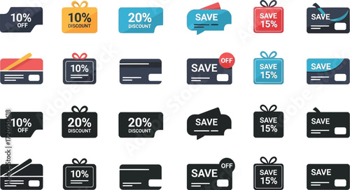 Collection of colorful discount coupons and gift tags for retail savings and promotions