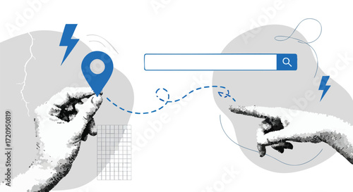 Conceptual illustration of local search, connecting a physical map pin to a digital search bar for discovery.