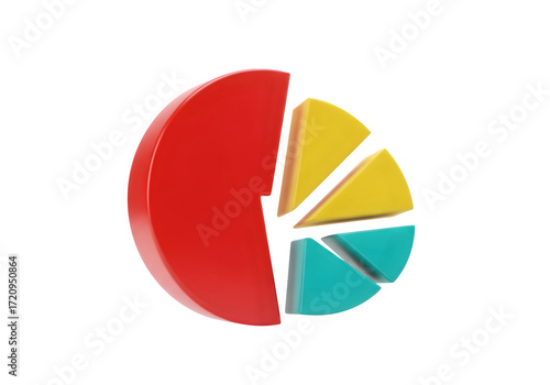 Image of super premium transparent photo of a 3d rendered pie chart with red, yellow, and teal slices, isolated on transparent background