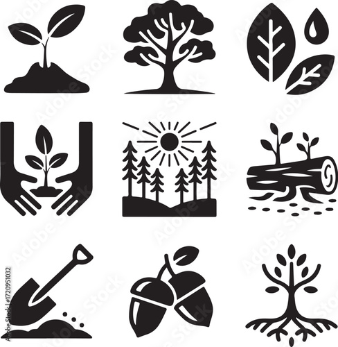 Nine detailed reforestation planting icons with transparent background tree sapling