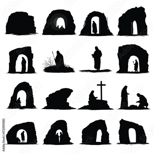 Empty tomb silhouette set black and white illustration