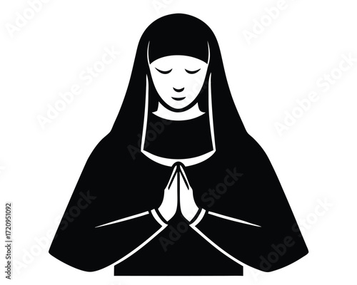 nun praying vector Illustration on black color and white background