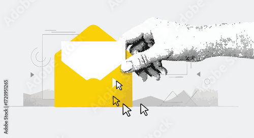 A hand inserts a blank message card into a bright yellow envelope, surrounded by multiple mouse cursors and abstract digital graphics.