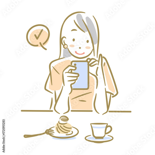 カフェでスマホを操作する笑顔の女性　ソフトなタッチのお洒落な線画イラスト