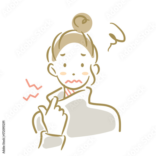 ニットが原因のかゆみに悩む女性　ソフトなタッチのお洒落な線画イラスト