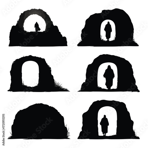 Empty tomb silhouette set black and white illustration
