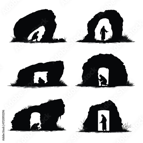 Empty tomb silhouette set black and white illustration