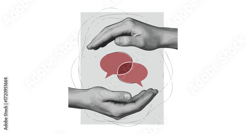 Artistic representation of two hands protecting two overlapping speech bubbles, symbolizing communication.