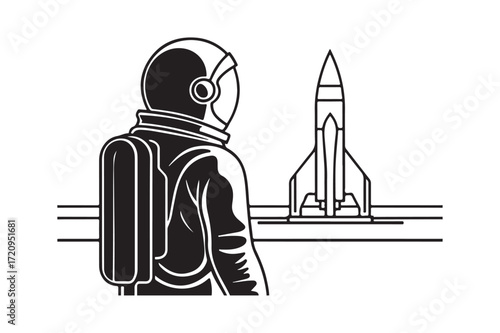 Astronaut looking at rocket ship ready for space exploration adventure silhouette