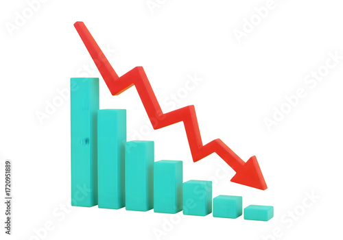 Image of super premium transparent photo of a 3d render of a downward trending bar chart with a red arrow indicating a sharp decline, isolated on transparent background