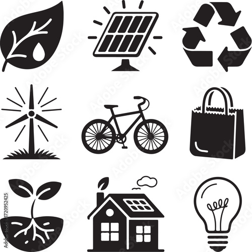 A set of nine detailed sustainable living icons with transparent background eco friendly green energy