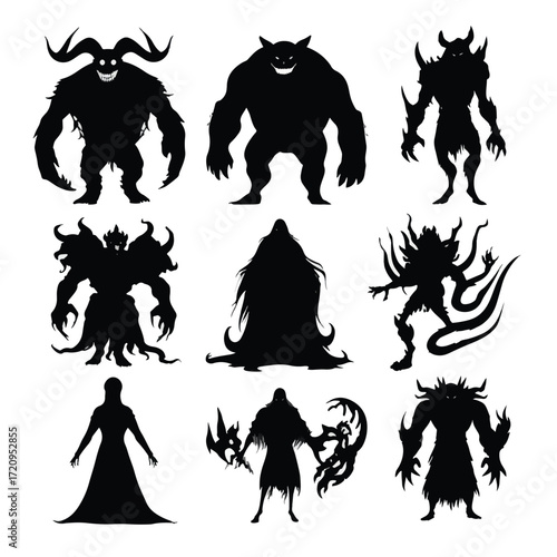 Collection of evil silhouettes in black and white