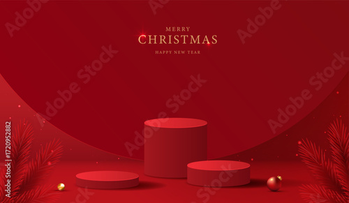 Podium shape for show cosmetic product display for christmas day or new years. Stand product showcase on red background with lighting christmas. vector design.