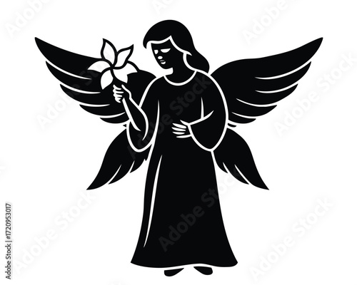 angel holding lily vector Illustration on black color and white background
