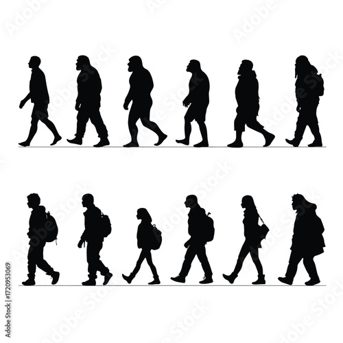 Evolution of man silhouette set black and white