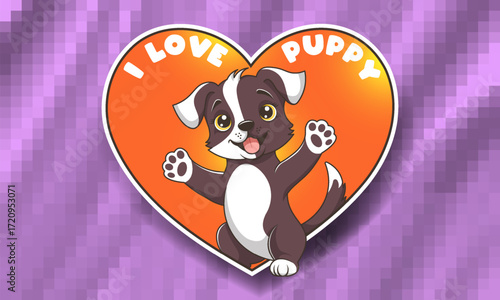 Vector orange heart, sticker or badge. Cartoon cheerful smiling cute little chocolate brown dog. Toon doggie. I love puppy. Adorable pet