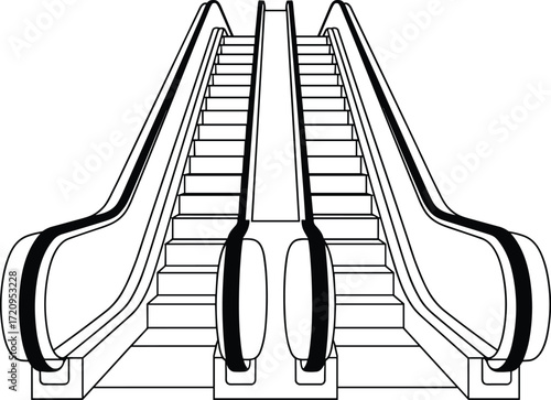 Modern escalator design, architectural engineering structure, shopping mall interior element, transport system stairs, cad drawing flat vector illustration