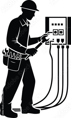 Silhouette electrician working with electrical control panel, tool belt, maintenance repair service, engineering job safety, cad drawing flat vector illustration