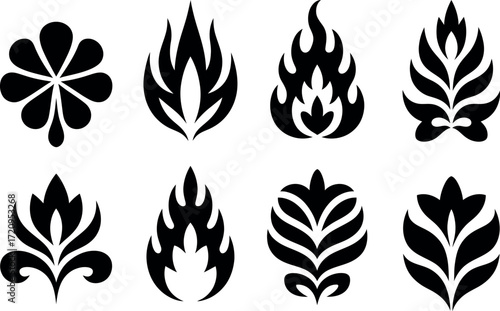 Ornate black floral and flame-like graphic symbols arranged in two rows