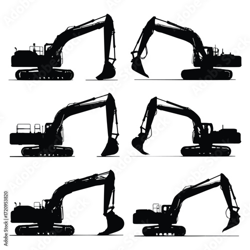 Black and white excavator silhouette set