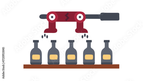 Automated bottling line filling bottles with liquid in a factory production process illustration