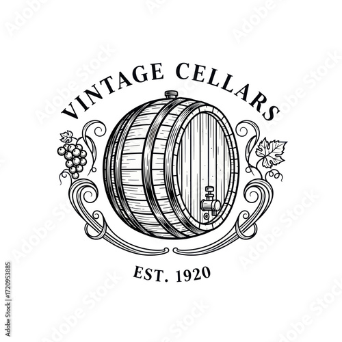 Vintage Cellars logo featuring a wine barrel, grapes, and decorative flourishes.