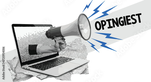 A hand emerges from a laptop screen holding a megaphone with the word "OPINGIEST" written on it, symbolizing online opinions and communication.