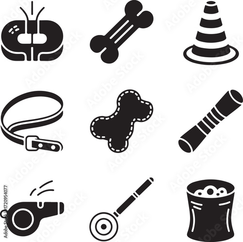 Set of nine detailed pet training tools on white background dog training equipment