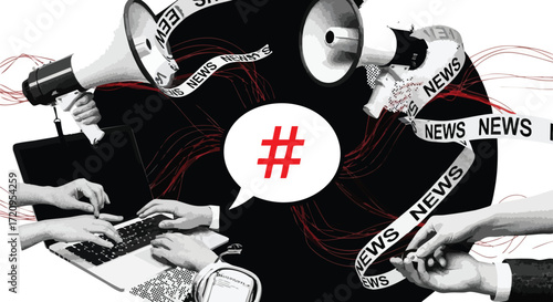 A dynamic collage illustrating the spread of news and information through traditional media, social media, and digital platforms, featuring megaphones, laptops, and a prominent hashtag symbol.
