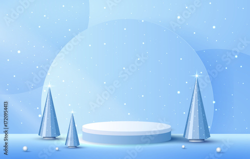 Podium shape for show cosmetic product display for christmas day or new years. Stand product showcase on blue background with lighting christmas. vector design.
