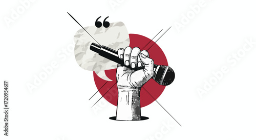 An illustration of a hand holding a microphone, symbolizing free speech, protest, public speaking, and the power of the voice.