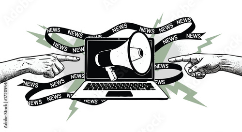 Illustration of a laptop displaying a megaphone, surrounded by a ribbon with the word "NEWS" and two hands pointing at it, symbolizing media and information.
