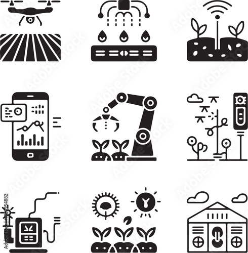 Nine Detailed Smart Farming Icons on White Background agriculture technology