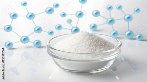 Erythritol concept ,transparent erythritol powder digital molecule concept sweetener in glass bowl, clinical calm