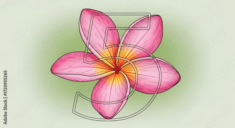 Fototapeta premium A beautiful plumeria flower, detailed and vibrant, is artfully composed as the numeral five, showcasing delicate petals and a soft color palette on a muted green background.