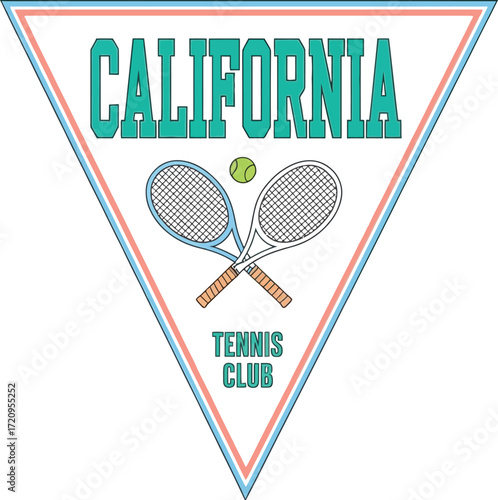 Retro California tennis club emblem with crossed rackets and ball