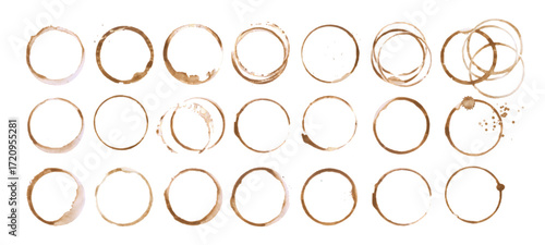 Coffee cup or tea stain drink ring vector illustration set isolated on white background. Coffee stain mark trace ring cup spot trace. Brown round splashes of drink collection.