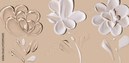 Φωτογραφία samples of cosmetic care products smear of cream gel texture on a beige backgrou