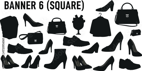 Stylish collection of fashionable footwear and handbags in silhouette
