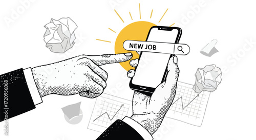 Searching for a brighter future a hand taps 'new job' on a smartphone amidst crumpled paper and rising charts symbolizing career advancement and opportunity