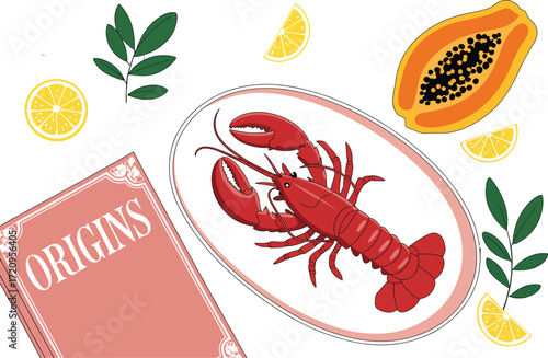 Exotic seafood feast with tropical fruits and fresh greenery, artfully arranged for a gourmet meal.