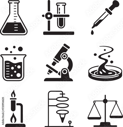Nine Detailed Science Lab Equipment Icons with Transparent Background laboratory glassware